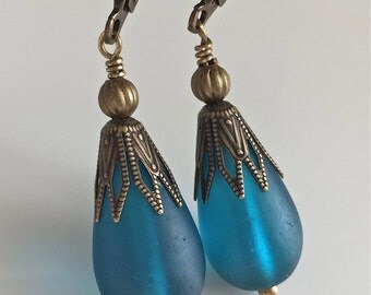 Teal Glass Earrings Bohemian Earrings Glass Teardrops Boho Earrings Matte Glass Earrings Gypsy Dangles