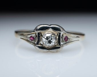 Vintage Late Edwardian Diamond and Ruby Engagement Ring in 14k Yellow & White Gold Edwardian Engagement Ring Art Deco Ring
