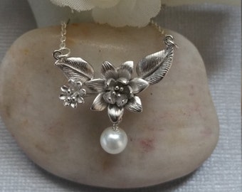 Sterling Silver Necklace, Cherry Blossom Necklace, Wedding Jewelry, Bridesmaid Jewelry