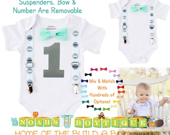 Baby Boy Mustache Birthday Outfit - Little Man Outfit - First Birthday - Mint - Grey Gray - Bow Tie Party - Baby Boy Clothes - 1st Birthday