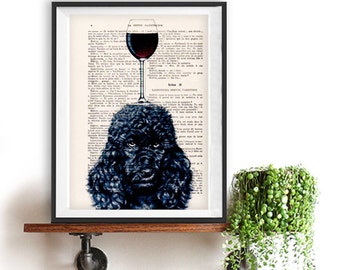 Black Poodle Print, Poodle with wine glass, French design, black and white,bulldog poster Art Print on recycled french book page