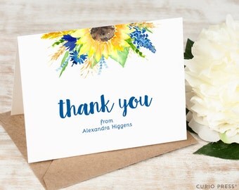 Personalized Sunflower Thank You Card Set / Folded Personalized Notecards / Stationery / Stationary Notes / Watercolor Notes // SUNFLOWER