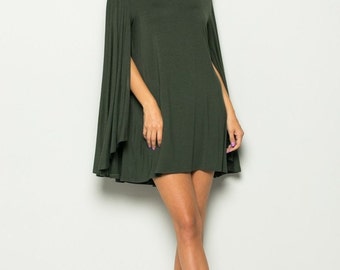 Mini Cape Dress,Black Cape Dress, Red Cape Dress, Wine Cape Dress, Green Cape Dress,ArmyGreen Cape Dress,Date Night Dress,Couture Mini Dress
