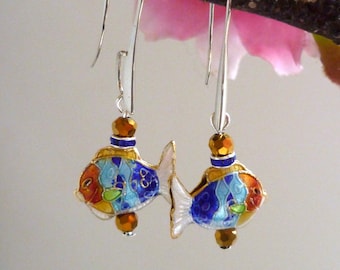 cleariance earring; cloisonne earring,boucles d'oreilles asiatiques, chinese earring, ,,poisson boucles d'oreilles, ethnic earring
