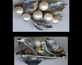 MING'S HAWAII pretty vintage sterling silver PEARL leaves pin brooch