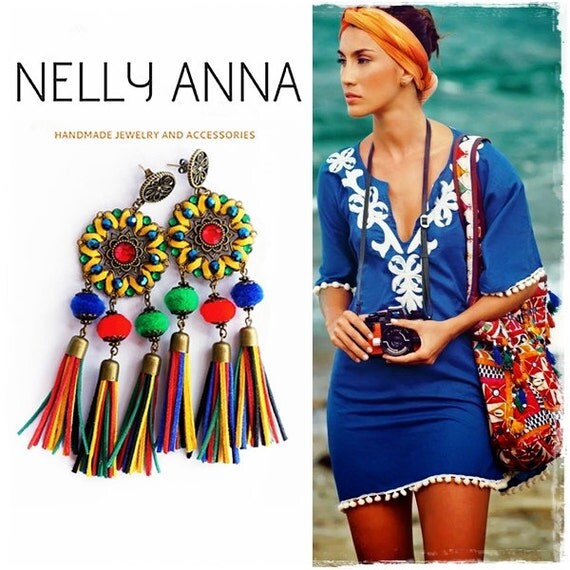 Ethnic boho statement earrings with tassels bright and