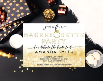 Printable Gold Glitter Bachelorette Invitation, Bachelorette Party, Ring Bachelorette Invite, Gold Glitter, Gold Printable Invite