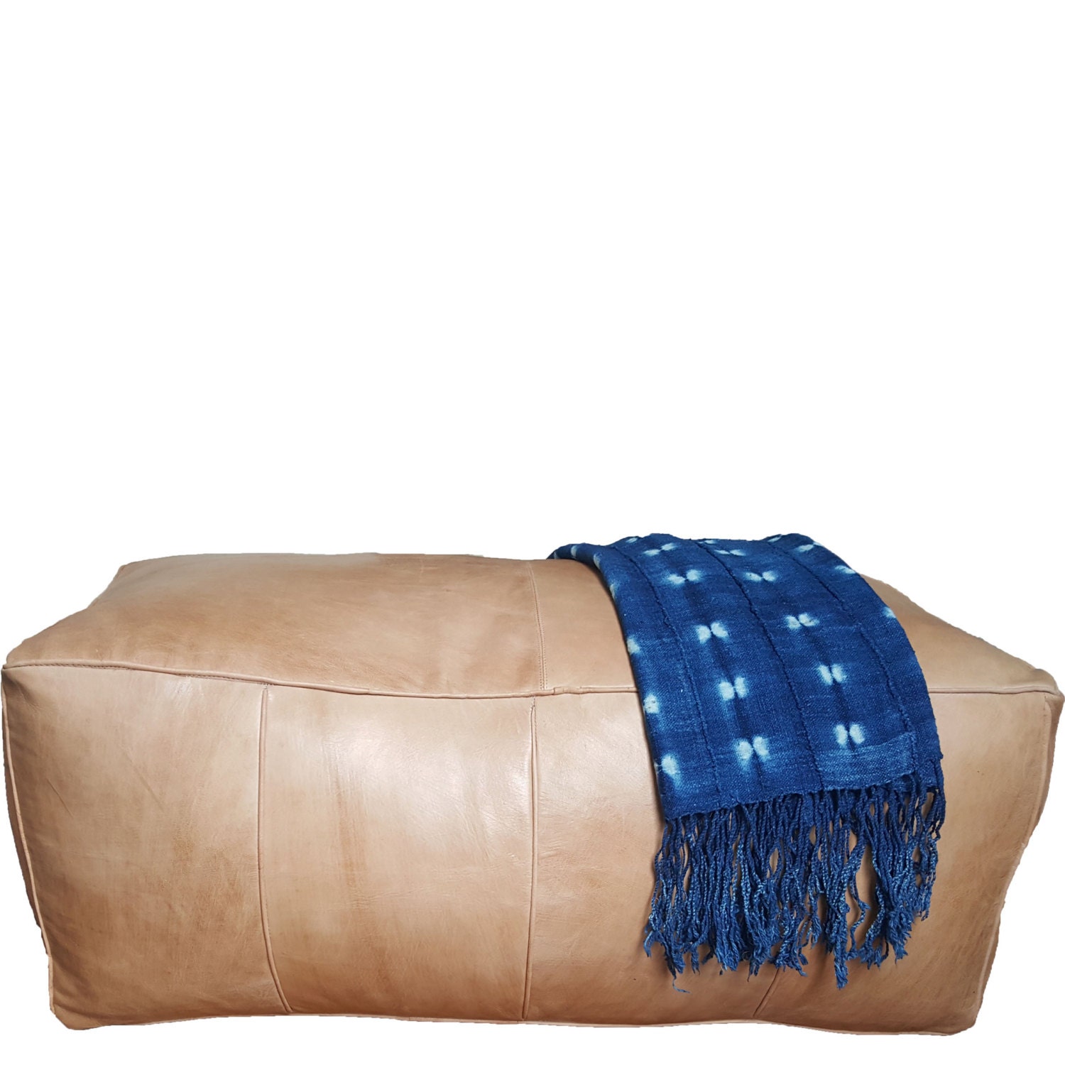Long Leather Pouf Ottoman natural tan brown leather by MindaHome