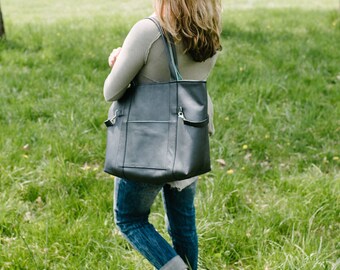 Leather diaper bag, large, leather tote bag, italian leather hide, black embossed leather, sea green lining with 7 pockets MADE TO ORDER