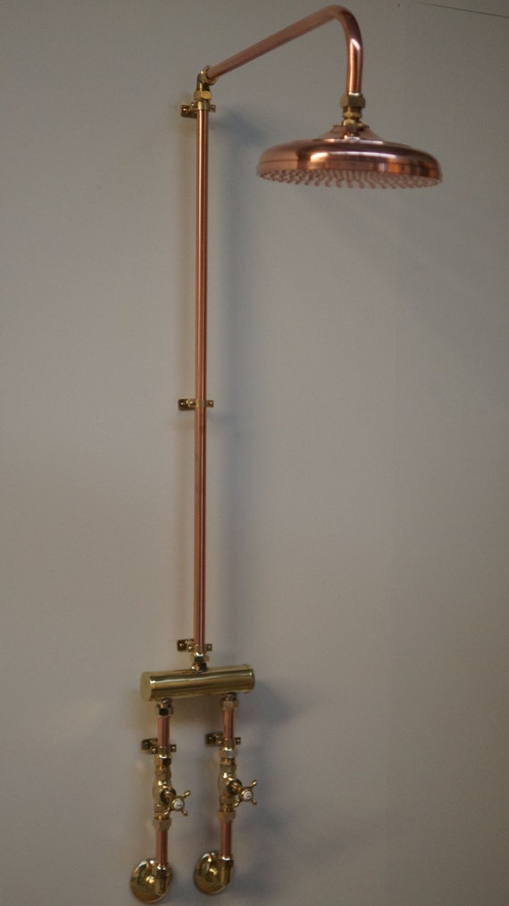 Handmade Exposed Pipe Copper & Brass Shower by heritagebathware