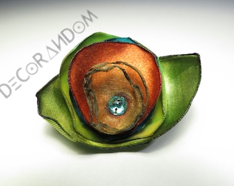 Orange brooch brooch with Rhinestone, rhinestone turquoise orange flower, recycled fabric, floral pin brooch made of recycled fabric spf6