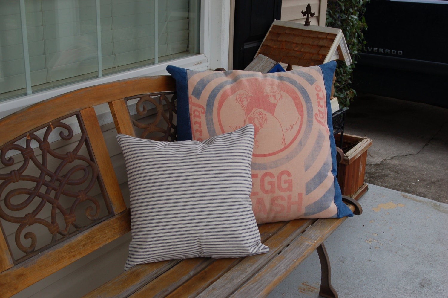 Navy Blue and White Matress Ticking Throw Pillow Cover