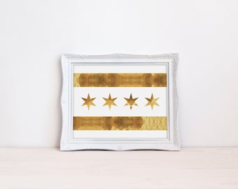 Chicago Flag Print, Gold Chicago Flag, Chicago Poster, Chicago Art Print, Gold Foil print, Gold Office Print, City Poster, Chicago Flag Art