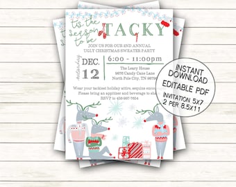 Ugly Christmas Sweater Party Printable Invitation | Tis the Season to be Tacky | Hipster Deer Holiday Party Instant Download editable PDF