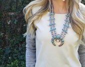 Double Strand Reproduction Squash Blossom Statement Necklace Faux Turquoise Chunky Bib Collar Silver Tone Chain