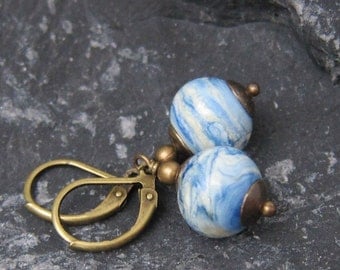 Earrings small handmade glass beads of blue/ivory bronze