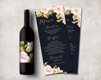 Wedding Menu Card Printable, Floral Wedding Menu, Navy Gold and Pink Wedding Menu, Modern Wedding Menu, Printable Wedding Menu, Digital