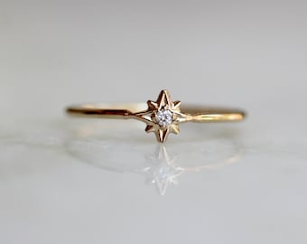 14k Diamond Star Ring, North Star Ring, Dainty Ring, Solid Gold Ring, Tiny Diamond Ring, Minimal Jewelry, Stacking Ring, Astrology Jewelry