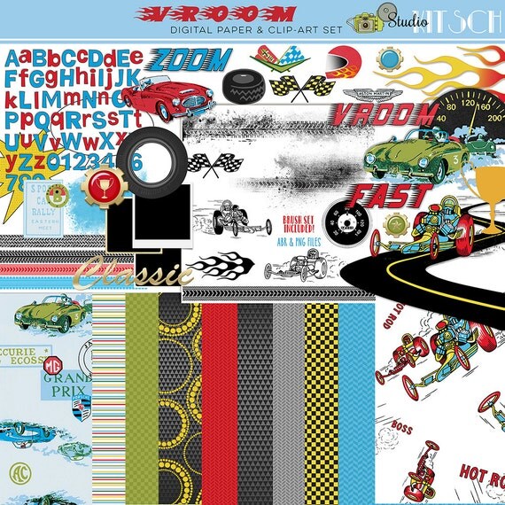 Race Car Clipart & Digital papers Brushes scrapbooking