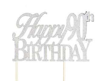 Silver Happy-90th-Birthday Cake Topper, 1pc, Birthday, Silver Glitter, Cake Decor, Handcrafted Party Decor, Party Supplies