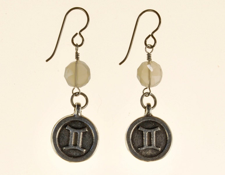 Zodiac Gemini Earrings Moonstone Birthday Gift for Her Gray