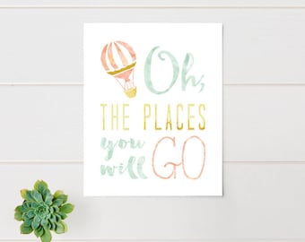 Nursery Art, Oh the places you'll go, Hot Air Balloon, Water Color, Framed, Canvas, Art Print #520