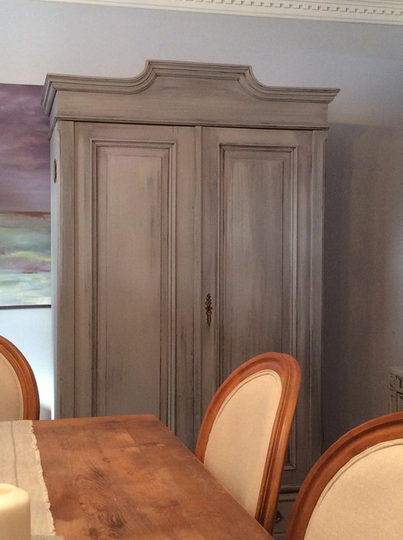 RESERVED for BEN Antique Distressed Grey Pine Armoire