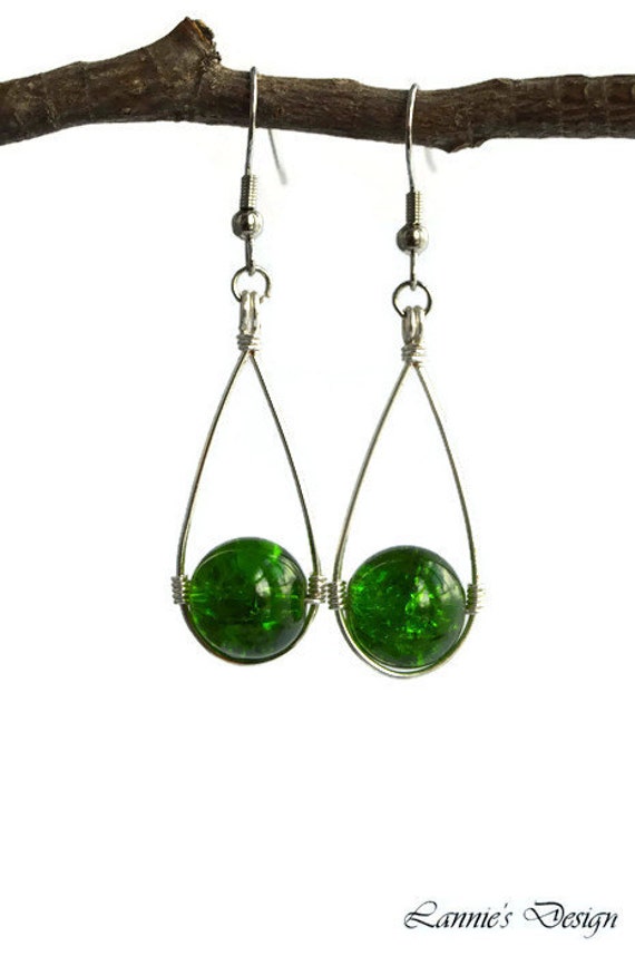 Green Teardrop Wire Wrapped Dangling Earrings Hooks Posts