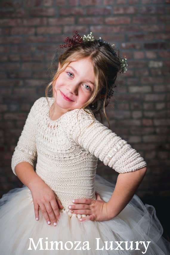Ivory Flower girl dress, Ivory tutu dress, long sleeve ivory tutu dress, bridesmaid dress princess dress, crochet top tulle dress