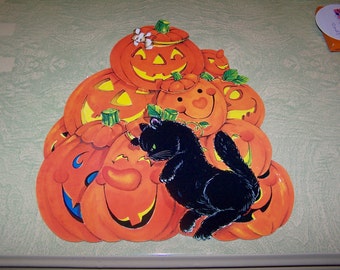 Vintage retro Halloween die cut decoration black cat JOL pumpkin jack o' lantern