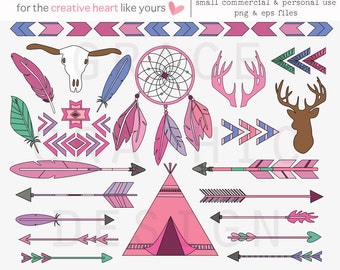 Tribal Clipart, TeePee Clipart, Dream Catcher Clipart, Feather Clipart, Arrow Clipart, Hand Illustrated Digital Graphics, Commercial Use art