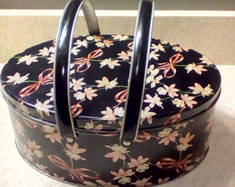 Vintage tin with handles, pink orchids and bows, sewing basket, collectible tin, Vintage tin container, Cookie tin, picnic basket,