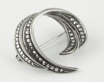 1950-60s - Vintage Art Deco Style Marcasites Silver 835 Pin / Brooch w/ Dutch Hallmarks