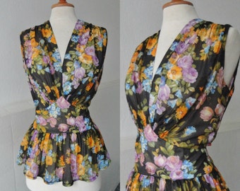 Colorful Sleeveless Sheer Vintage Top With Flowers // Black Orange Blue Green // Size S/M