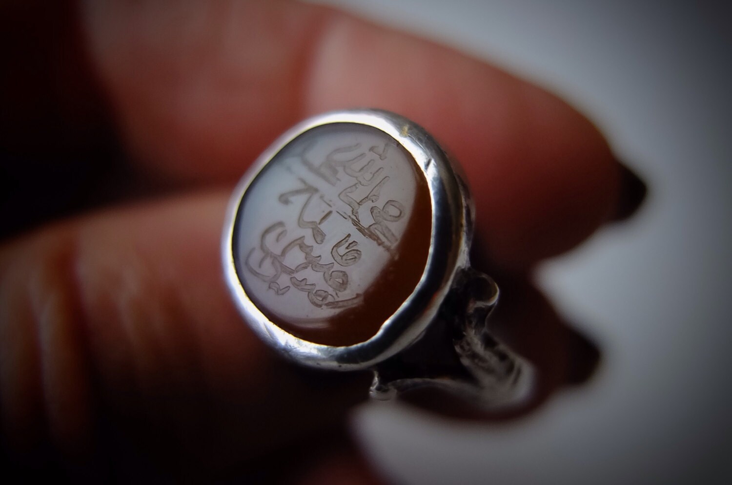 Urdu Script Silver Ring Engraved on Carnelian Stone Vintage