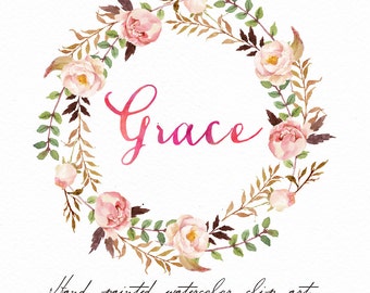 Watercolor Floral wreath-Grace /Individual PNG files / Hand Painted