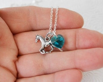 HORSE BIRTHSTONE NECKLACE, Little Girl Birthstone Necklace, Charm Necklace, Horse Lover Necklace, Girls Necklace