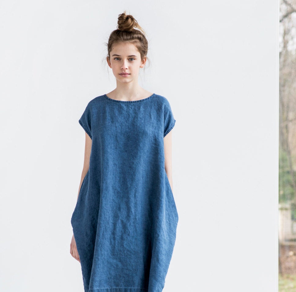 Denim color linen cocoon dress with short or 3/4 sleeves