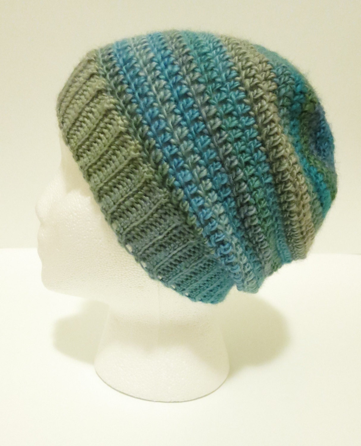 Crochet Hat with Ribbed Edging in Light Green and Blue