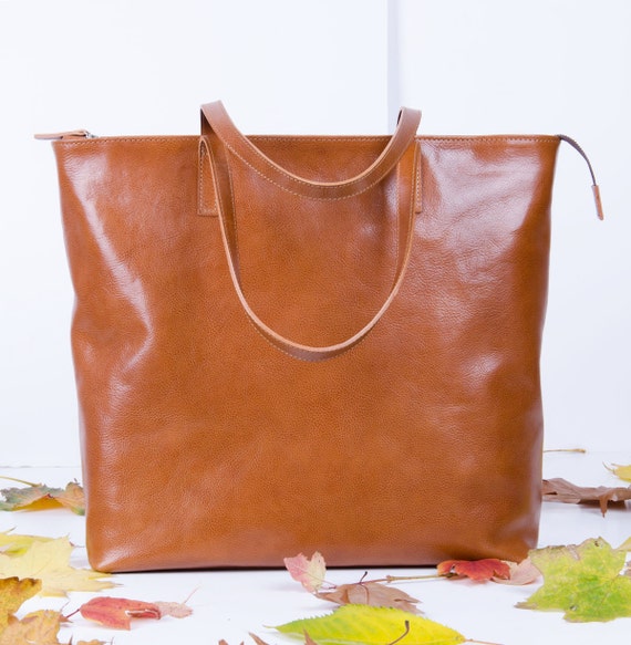 Large Top Zip Brown Leather Tote LEA Handmade Camel by toshibags