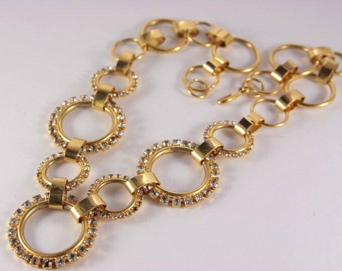 Gold Bib Necklace Large Rhinestone Rings Chain High Fashion Linked Necklace Long Circle Necklace