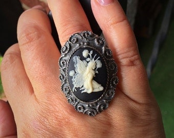 Fairy Ring, Cameo Ring, Silver Adjustable Ring, Black Ring, Statement Ring, Fairy Cameo Ring, Gothic Ring, Halloween Jewelry