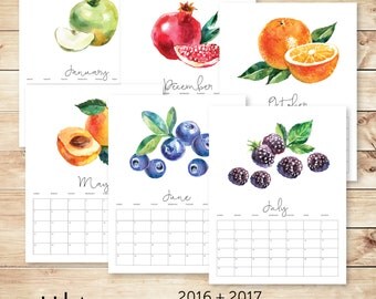 SALE! 2017 + 2016 Printable Calendar, 8.5x11, Desk Calendar, Wall calendar, Watercolor Fruit, Kitchen decor, DIY calendars, 12 Month planner