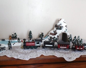 Vintage Train Set Winter Scene Pond, Tunnel, Mountain Lights and More Battery Operated Train Retro Holiday Decor Whimsical Christmas Decor