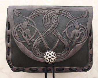 Leather Viking pouch- "Floki" dual celtic dragon design with custom concho closure