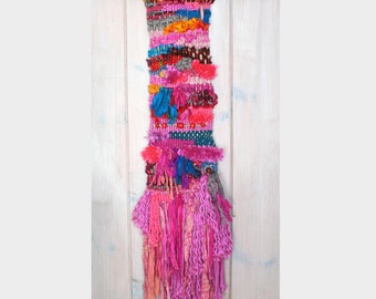 Festive Woven Wall Hanging with Reclaimed Sari Silk Ribbon, Colorful Woven Wall Hanging, Fuchsia Pink Wall Hanging, Bright Fun Wall Hanging