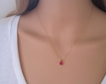 Tiny ruby necklace in 14Kt gold filled; gold ruby necklace; small ruby necklace; July birthstone