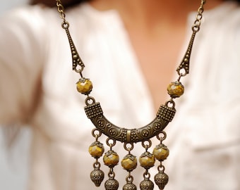 Unique boho necklace. Spike necklace, Rustic yellow glass beads necklace, Gypsy necklace, Hippie necklace.