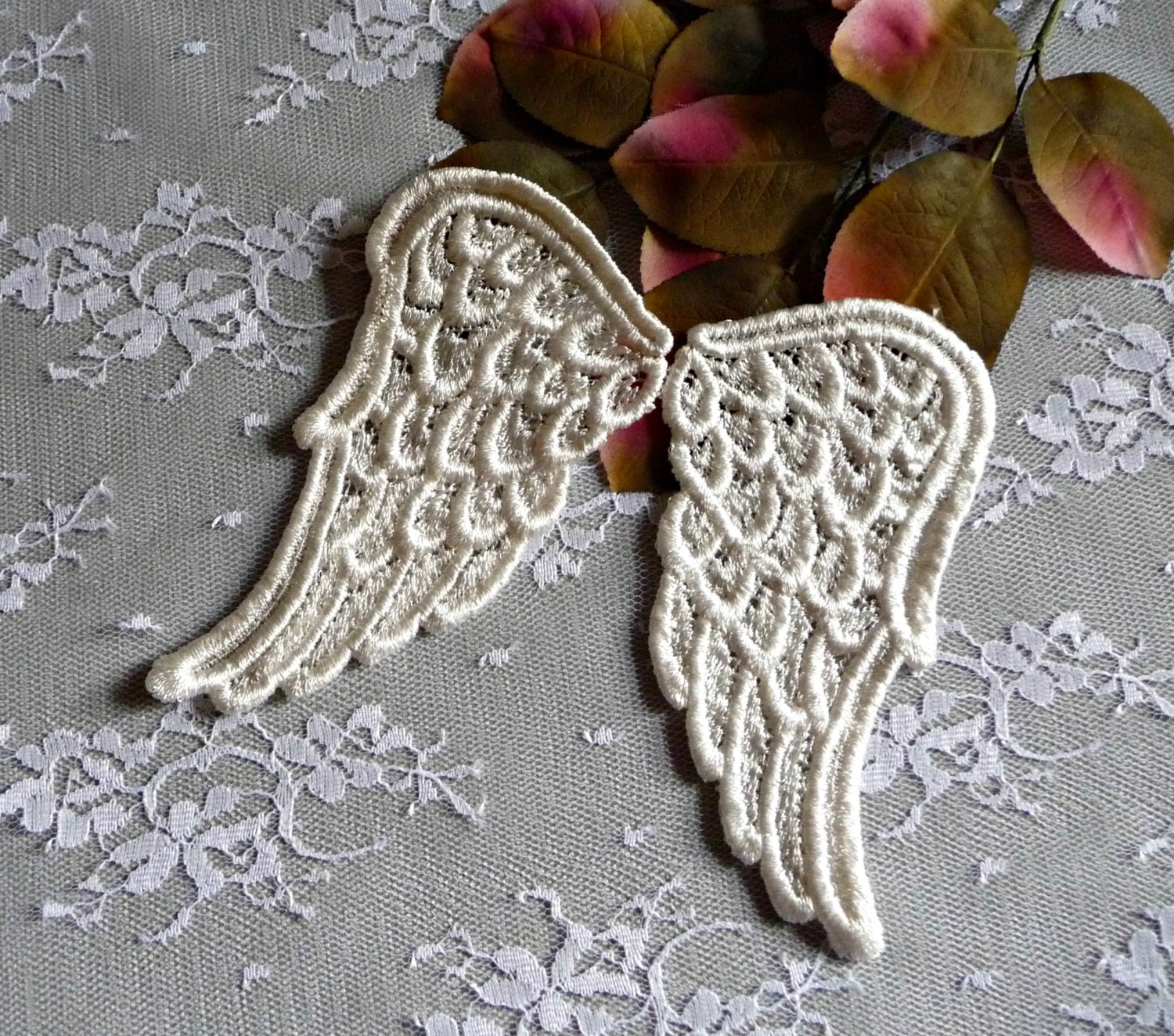 Large Angel Wings Lace Applique Ivory for Crafts Cards