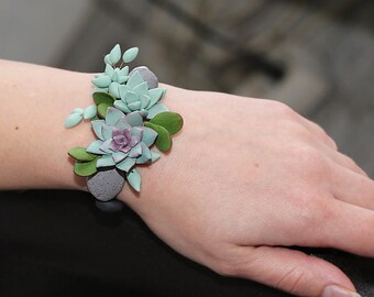 Mint Succulent Bracelet. Polymer clay Succulent plant Bracelet. Succulent wrist corsage. Miniature Plant Bracelet. Wedding Succulent Jewelry